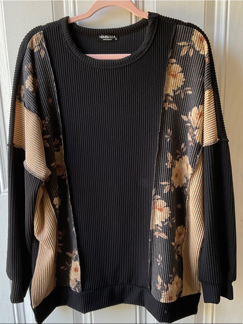 HEIMISH USA Black Sweater with Beige Floral Panels